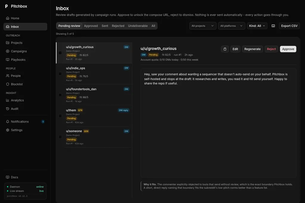 La inbox di Pitchbox con tre bozze in attesa di revisione, una aperta con il suo ragionamento e il pulsante Approva.