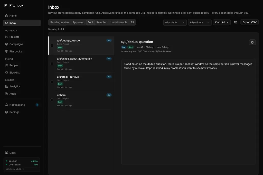 La inbox di Pitchbox filtrata su Inviati, con i messaggi che l'operatore ha inviato lui stesso e la data di invio.