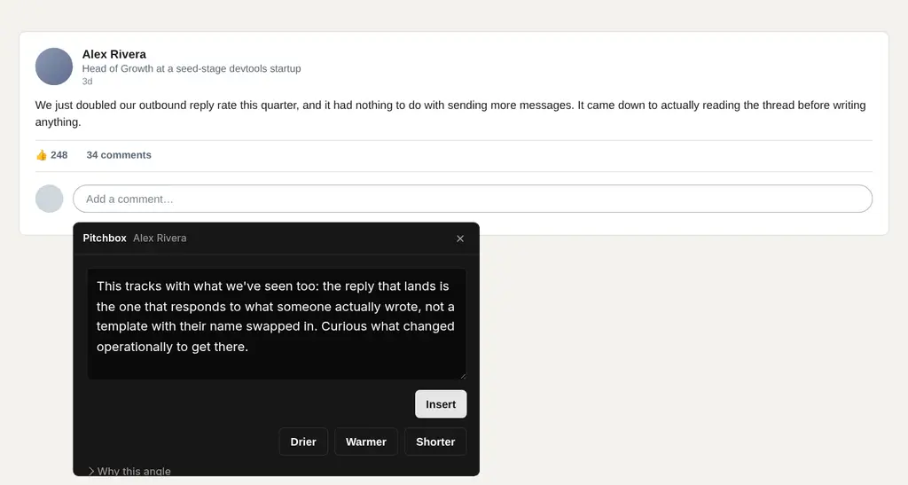 The Pitchbox panel open on a LinkedIn post, showing a drafted comment with Insert, Drier, Warmer and Shorter controls.